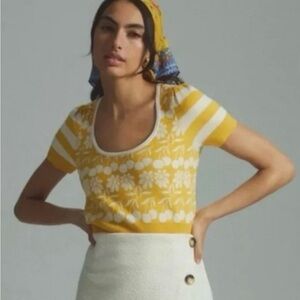 ANTHROPOLOGIE MAEVE TRIXIE OPEN BACK CHERRY NOVELTY PRINT CROPPED SWEATER SMALL